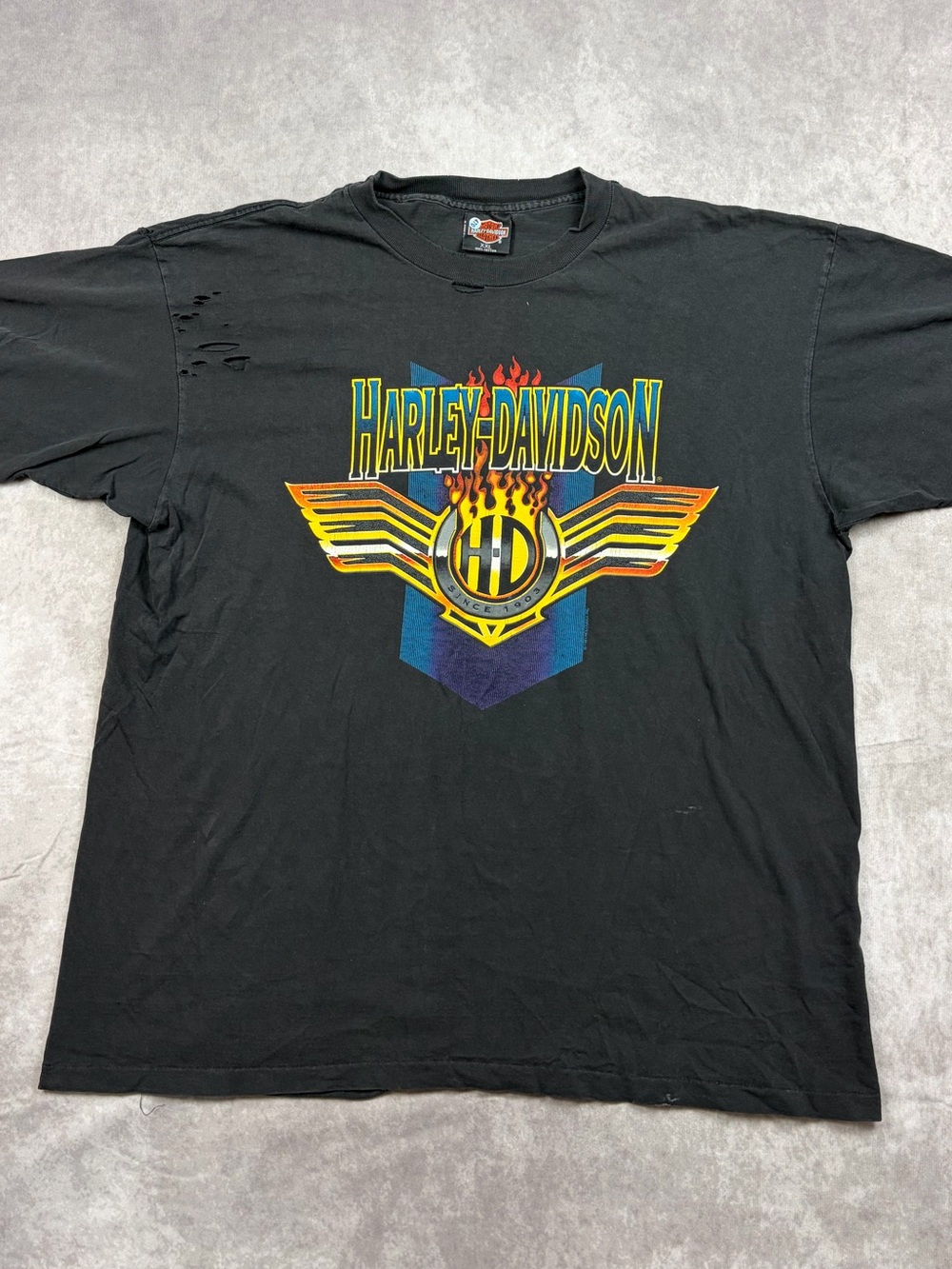 Harley-Davidson 90’s Black Tee Single Stitch with Yellow-Orange Flame Wing Logo